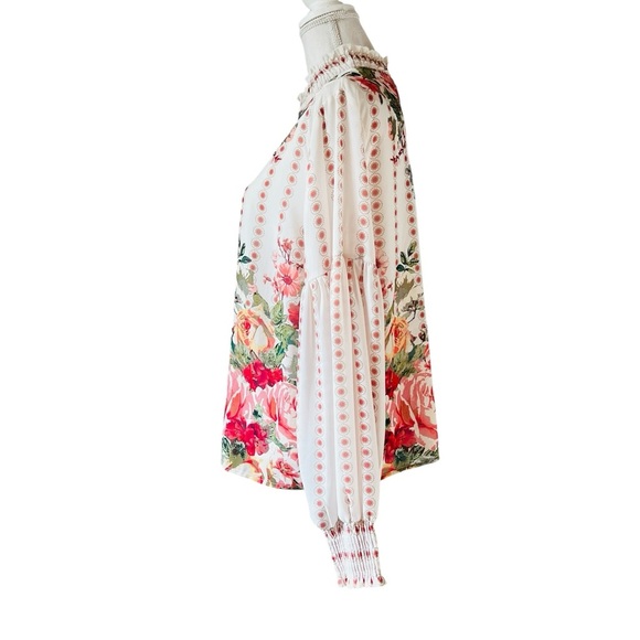 Jealous Tomato Cream Smoked/Ruffled High Neckline Long Sleeve Boho Blouse Sz Lg - Picture 2 of 11